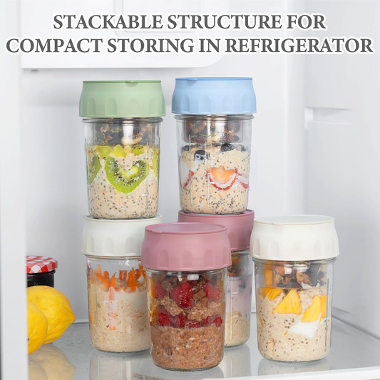 Overnight Oats Glass Jars – 4-Pack Meal Prep Containers with Lids, Folding Spoons & Divided Compartments for Fruit and Nuts