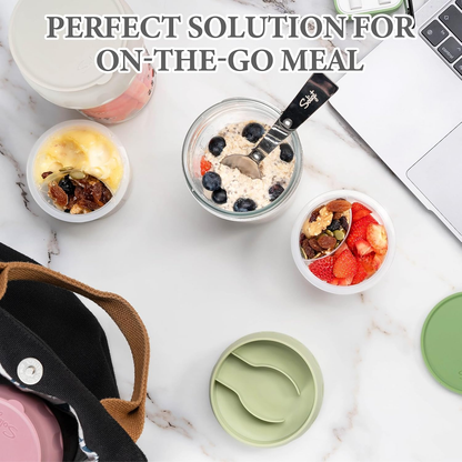Overnight Oats Glass Jars – 4-Pack Meal Prep Containers with Lids, Folding Spoons & Divided Compartments for Fruit and Nuts